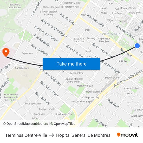 Terminus Centre-Ville to Hôpital Général De Montréal map