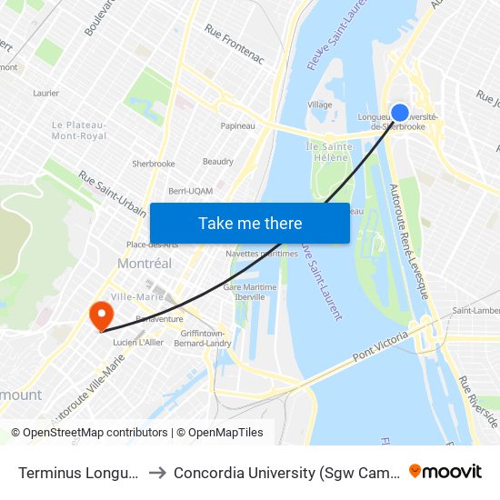 Terminus Longueuil to Concordia University (Sgw Campus) map