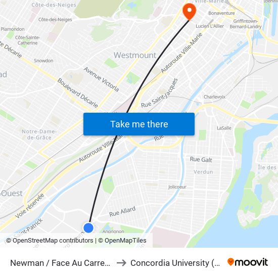 Newman / Face Au Carrefour Angrignon to Concordia University (Sgw Campus) map