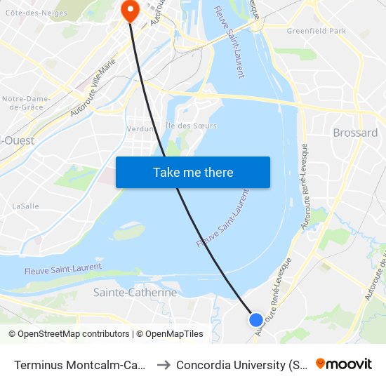 Terminus Montcalm-Candiac - Quai 4 to Concordia University (Sgw Campus) map