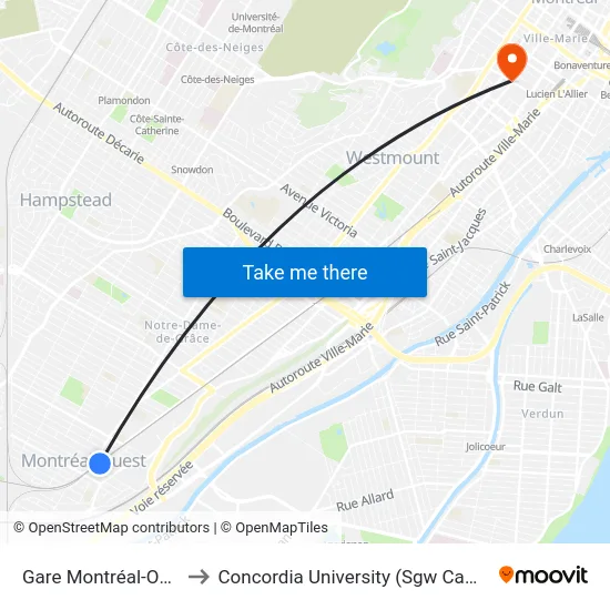 Gare Montréal-Ouest to Concordia University (Sgw Campus) map