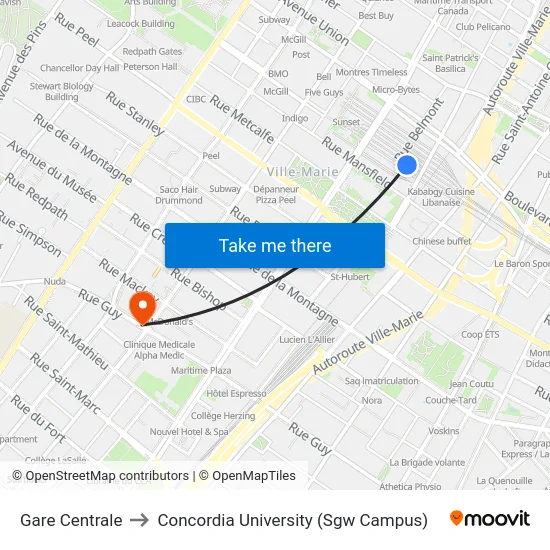 Gare Centrale to Concordia University (Sgw Campus) map