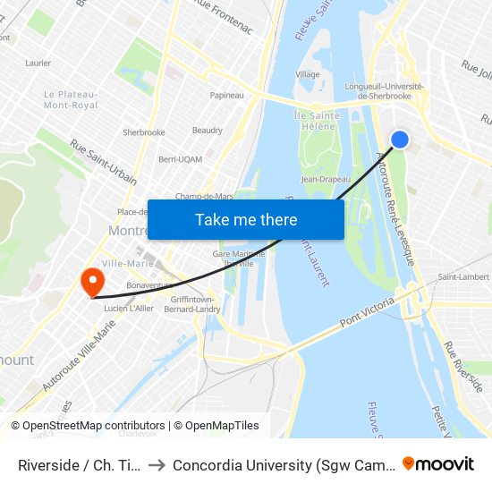 Riverside / Ch. Tiffin to Concordia University (Sgw Campus) map