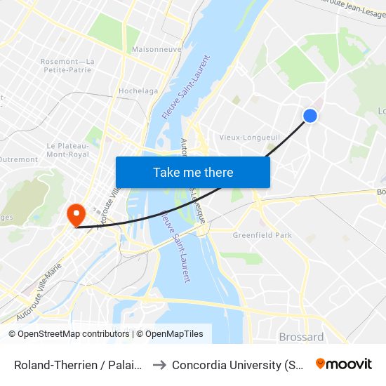 Roland-Therrien / Palais De Justice to Concordia University (Sgw Campus) map