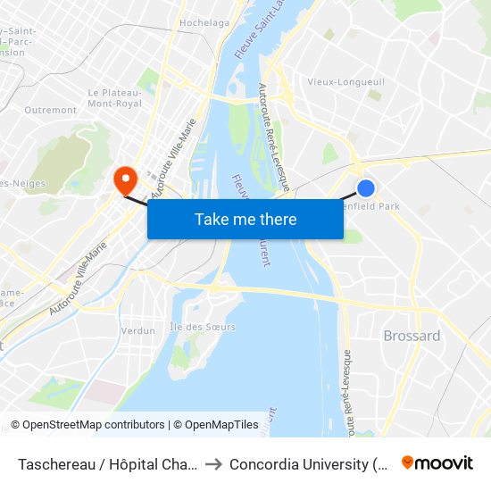 Taschereau / Hôpital Charles-Le Moyne to Concordia University (Sgw Campus) map