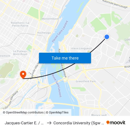 Jacques-Cartier E. / Béliveau to Concordia University (Sgw Campus) map