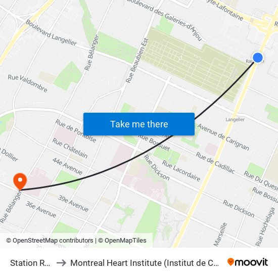 Station Radisson to Montreal Heart Institute (Institut de Cardiologie de Montréal) map