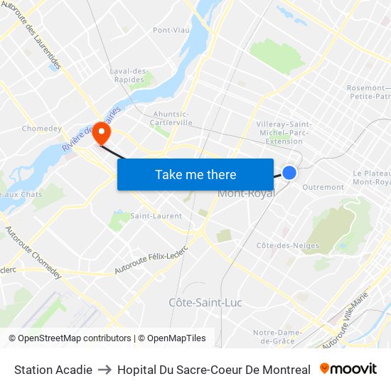 Station Acadie to Hopital Du Sacre-Coeur De Montreal map