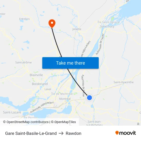 Gare Saint-Basile-Le-Grand to Rawdon map