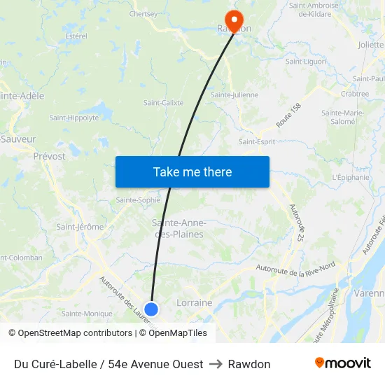 Du Curé-Labelle / 54e Avenue Ouest to Rawdon map