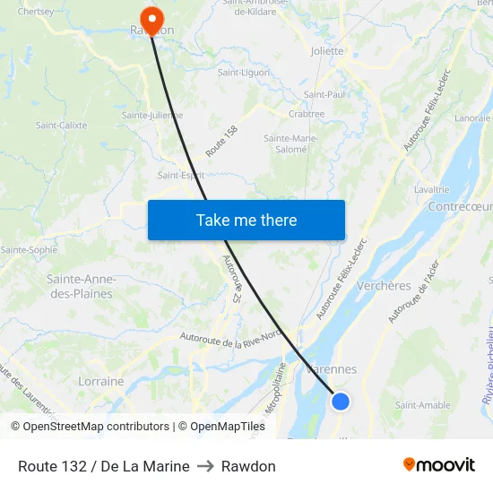 Route 132 / De La Marine to Rawdon map