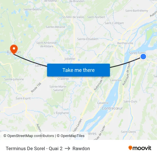 Terminus De Sorel - Quai 2 to Rawdon map
