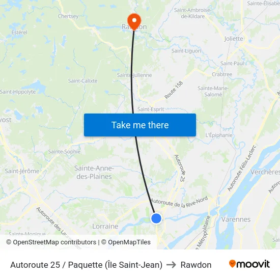 Autoroute 25 / Paquette (Île Saint-Jean) to Rawdon map