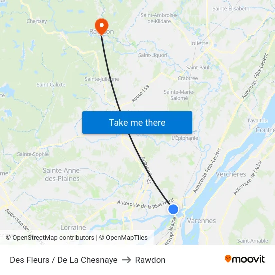 Des Fleurs / De La Chesnaye to Rawdon map