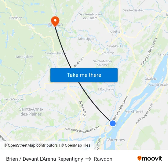 Brien / Devant L'Arena Repentigny to Rawdon map