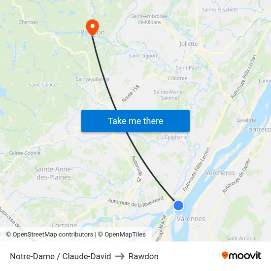 Notre-Dame / Claude-David to Rawdon map