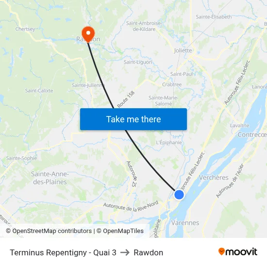 Terminus Repentigny - Quai 3 to Rawdon map