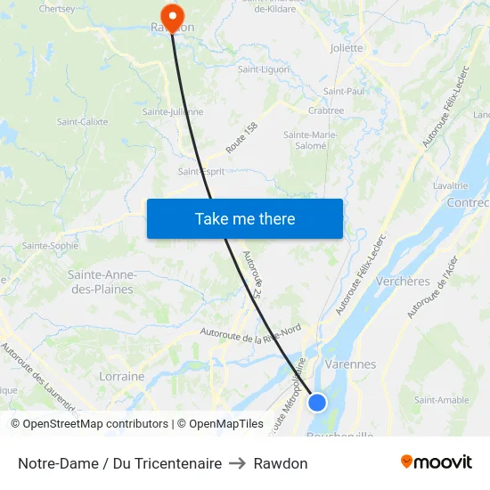 Notre-Dame / Du Tricentenaire to Rawdon map