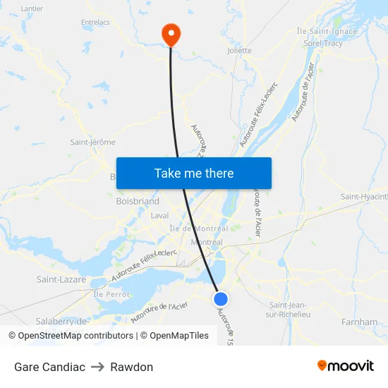 Gare Candiac to Rawdon map