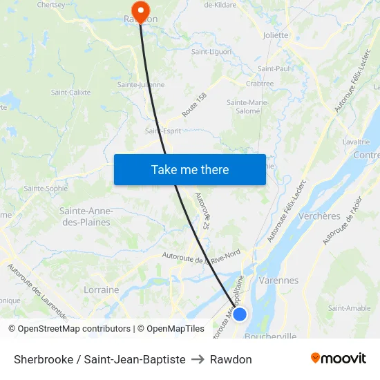 Sherbrooke / Saint-Jean-Baptiste to Rawdon map