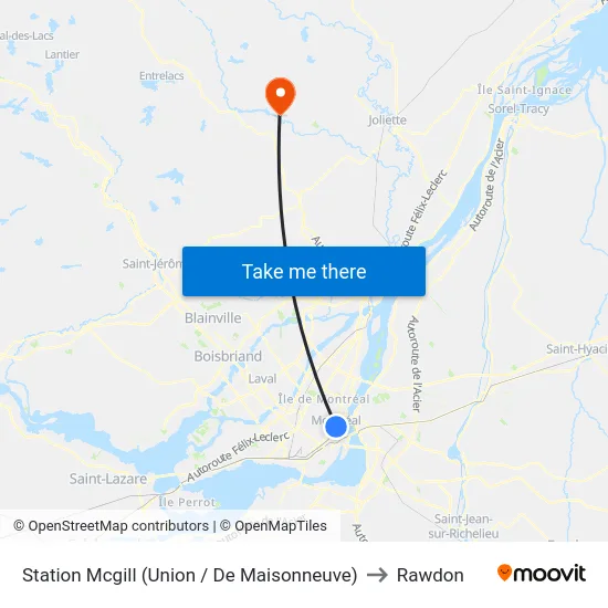 Station Mcgill (Union / De Maisonneuve) to Rawdon map