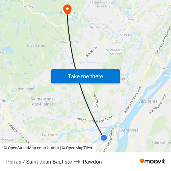 Perras / Saint-Jean-Baptiste to Rawdon map