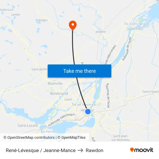 René-Lévesque / Jeanne-Mance to Rawdon map