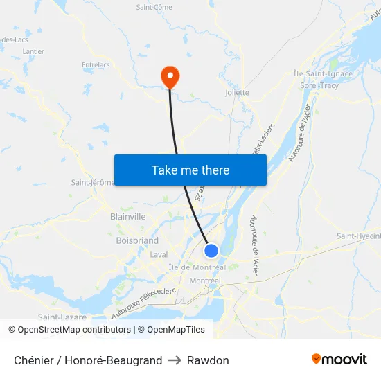 Chénier / Honoré-Beaugrand to Rawdon map