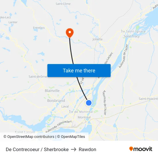 De Contrecoeur / Sherbrooke to Rawdon map