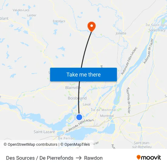 Des Sources / De Pierrefonds to Rawdon map