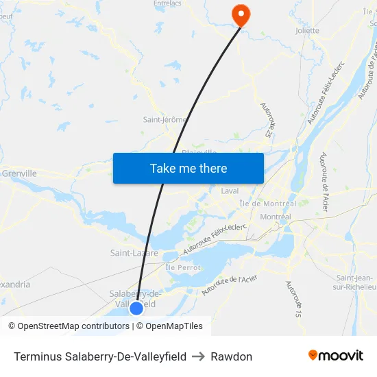 Terminus Salaberry-De-Valleyfield to Rawdon map