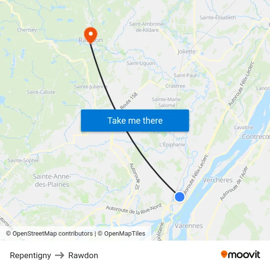 Repentigny to Rawdon map