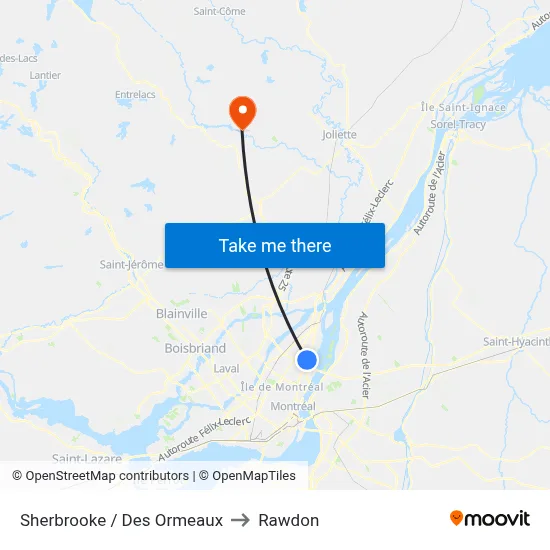 Sherbrooke / Des Ormeaux to Rawdon map