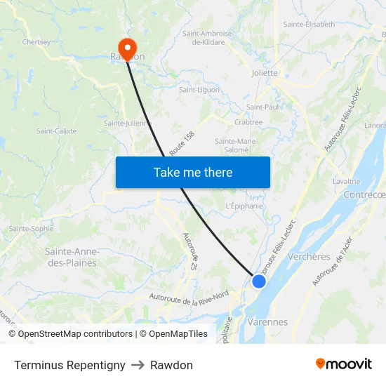 Terminus Repentigny to Rawdon map