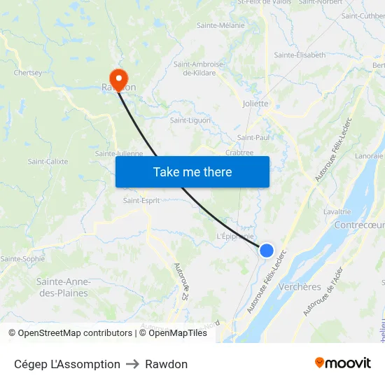 Cégep L'Assomption to Rawdon map