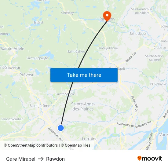 Gare Mirabel to Rawdon map