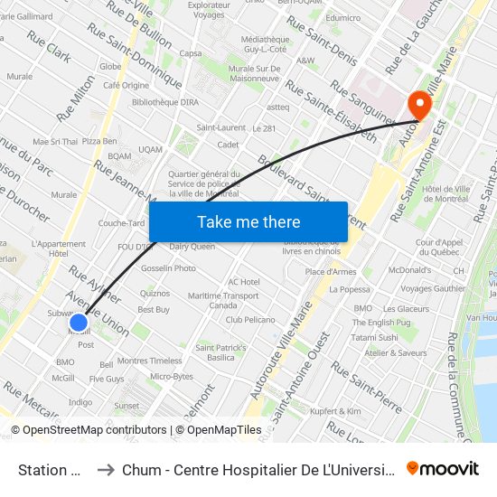 Station Mcgill to Chum - Centre Hospitalier De L'Université De Montréal map