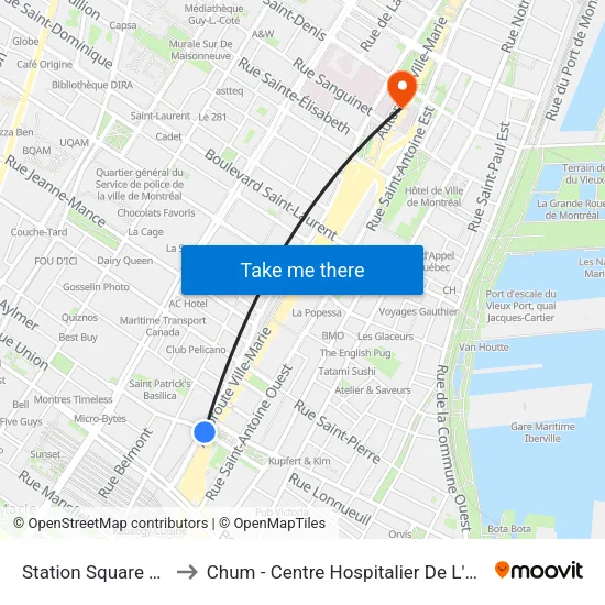 Station Square Victoria-Oaci to Chum - Centre Hospitalier De L'Université De Montréal map