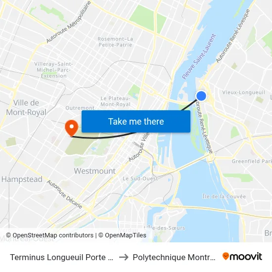 Terminus Longueuil Porte G5 to Polytechnique Montréal map