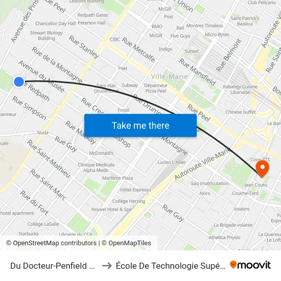 Du Docteur-Penfield / Redpath to École De Technologie Supérieure (Éts) map