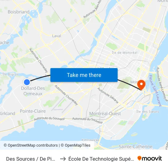 Des Sources / De Pierrefonds to École De Technologie Supérieure (Éts) map