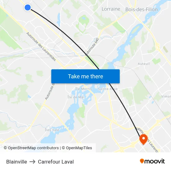 Blainville to Carrefour Laval map