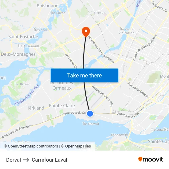 Dorval to Carrefour Laval map