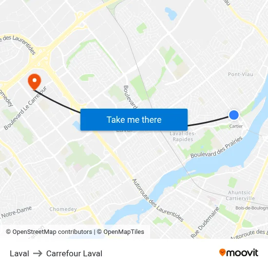 Laval to Carrefour Laval map