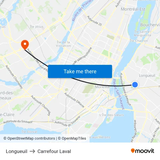 Longueuil to Carrefour Laval map