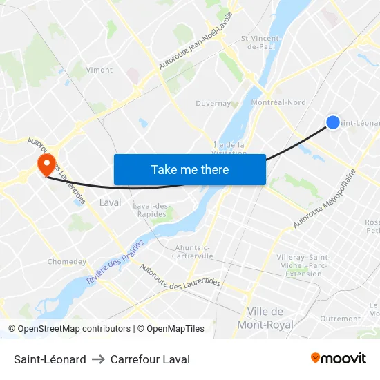 Saint-Léonard to Carrefour Laval map