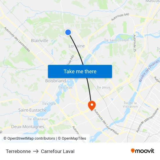 Terrebonne to Carrefour Laval map