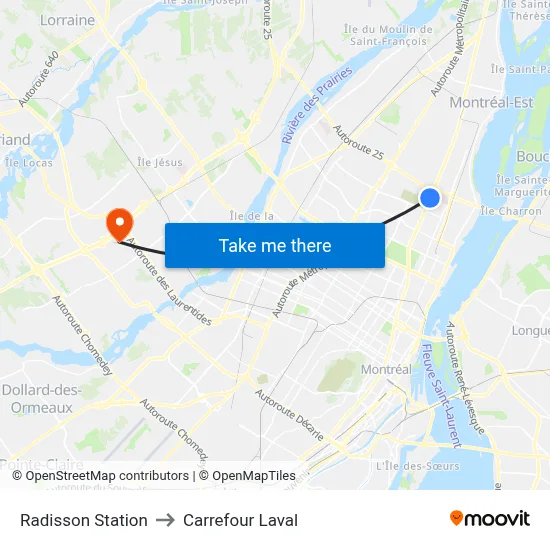 Radisson Station to Carrefour Laval map