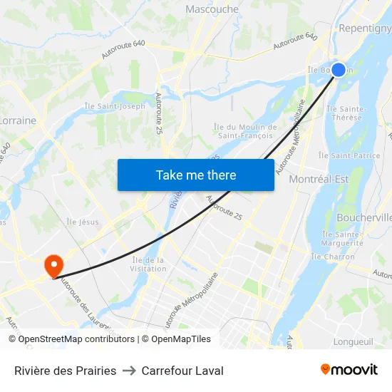 Rivière des Prairies to Carrefour Laval map