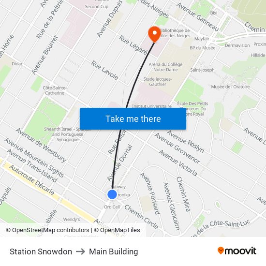 Station Snowdon to Main Building map